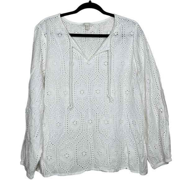 Garnet Hill Tops - Garnet Hill Eyelet Lace Boho Peasant Blouse Top White Long Sleeves Size Large